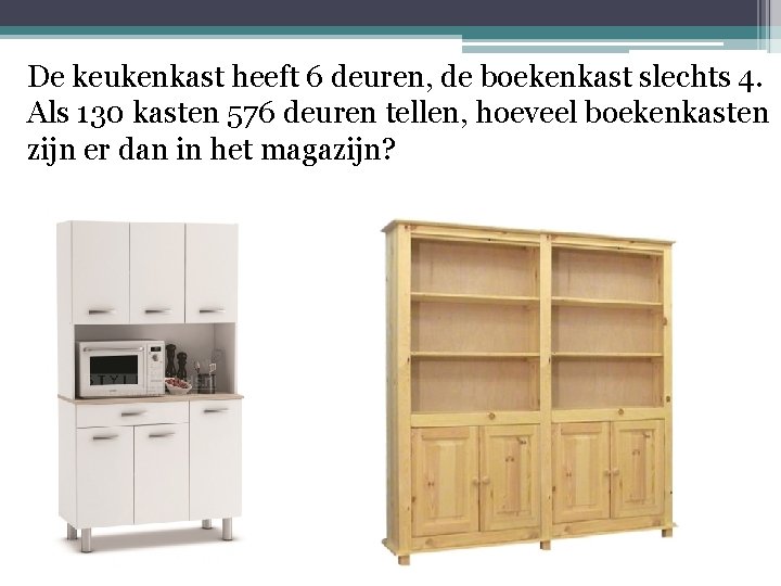 De keukenkast heeft 6 deuren, de boekenkast slechts 4. Als 130 kasten 576 deuren