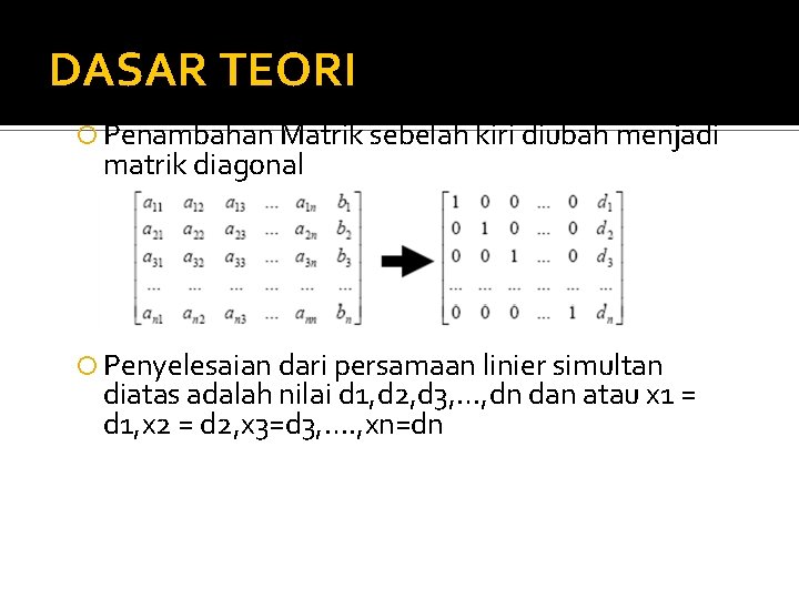 DASAR TEORI Penambahan Matrik sebelah kiri diubah menjadi matrik diagonal Penyelesaian dari persamaan linier