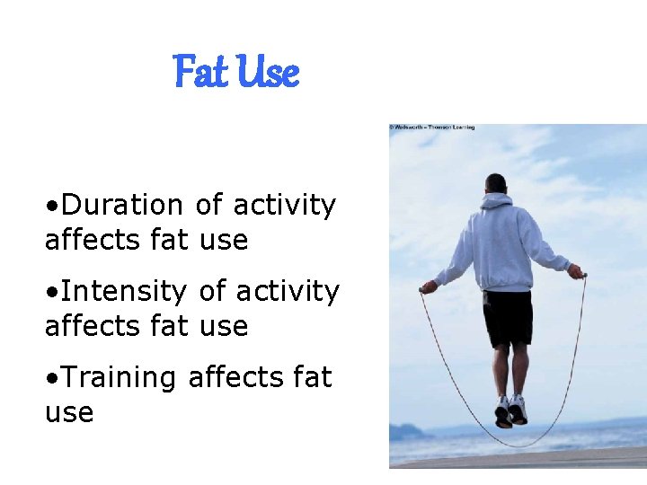 Fat Use • Duration of activity affects fat use • Intensity of activity affects