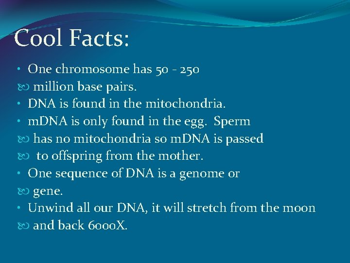 Cool Facts: • One chromosome has 50 - 250 million base pairs. • DNA