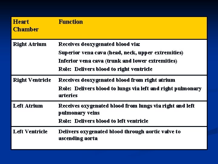 Heart Chamber Function Right Atrium Receives deoxygenated blood via: Superior vena cava (head, neck,