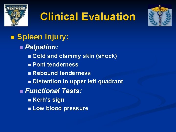 Clinical Evaluation n Spleen Injury: n Palpation: n Cold and clammy skin (shock) n