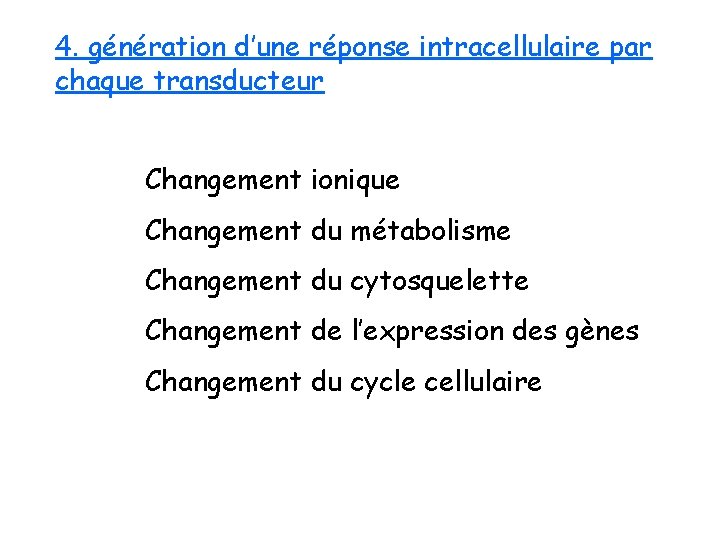 4. génération d’une réponse intracellulaire par chaque transducteur Changement ionique Changement du métabolisme Changement