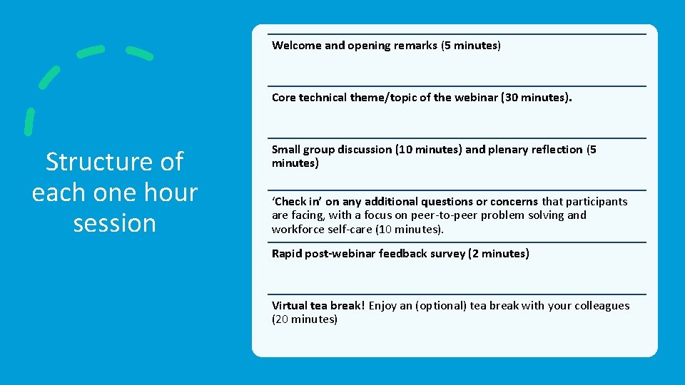 Welcome and opening remarks (5 minutes) Core technical theme/topic of the webinar (30 minutes).