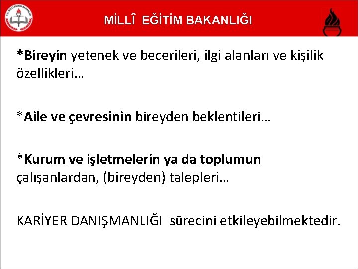 MİLLÎ EĞİTİM BAKANLIĞI *Bireyin yetenek ve becerileri, ilgi alanları ve kişilik özellikleri… *Aile ve