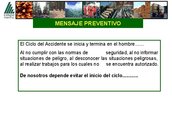 MENSAJE PREVENTIVO El Ciclo del Accidente se inicia y termina en el hombre. .