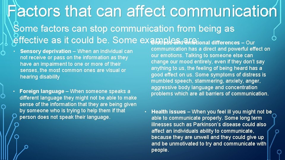 Factors that can affect communication Some factors can stop communication from being as effective