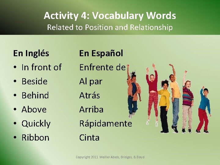 Activity 4: Vocabulary Words Related to Position and Relationship En Inglés • In front