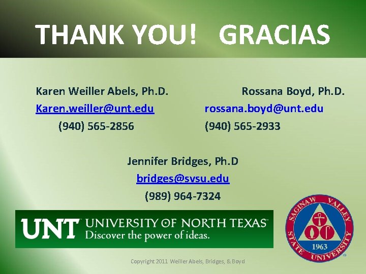 THANK YOU! GRACIAS Karen Weiller Abels, Ph. D. Karen. weiller@unt. edu (940) 565 -2856