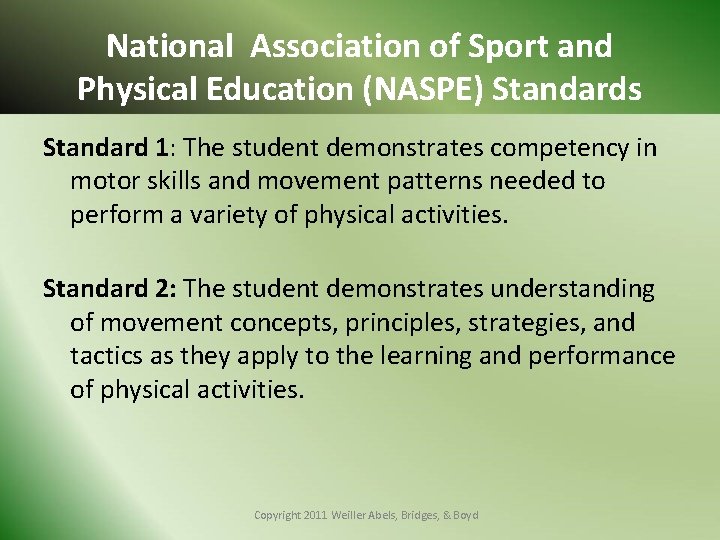 National Association of Sport and Physical Education (NASPE) Standards Standard 1: The student demonstrates