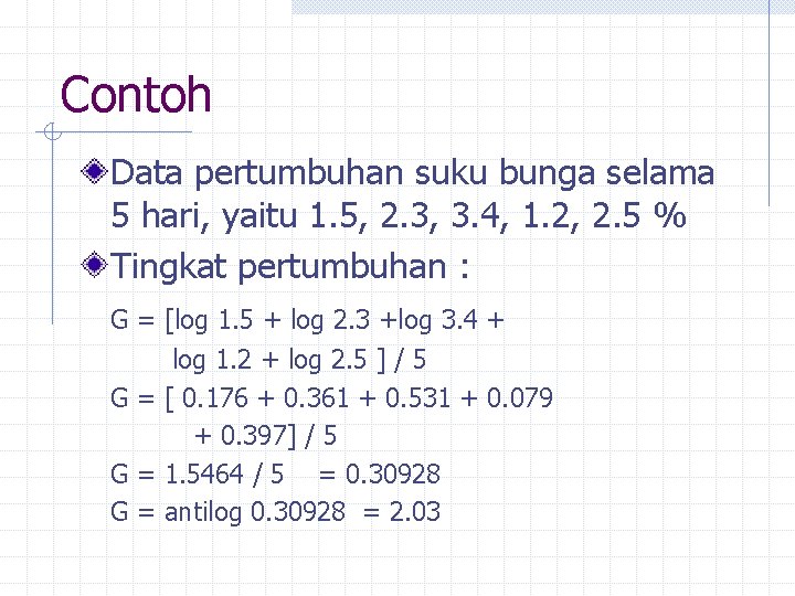 Contoh Data pertumbuhan suku bunga selama 5 hari, yaitu 1. 5, 2. 3, 3.