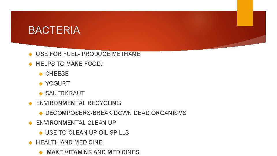 BACTERIA USE FOR FUEL- PRODUCE METHANE HELPS TO MAKE FOOD: CHEESE YOGURT SAUERKRAUT ENVIRONMENTAL