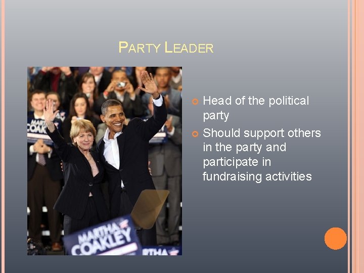 PARTY LEADER Head of the political party Should support others in the party and PARTY LEADER Head of the political party Should support others in the party and