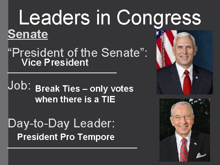 Leaders in Congress Senate “President of the Senate”: Vice President ________ Job: Break Ties