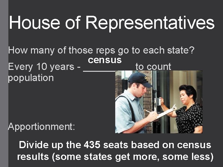 House of Representatives How many of those reps go to each state? census Every