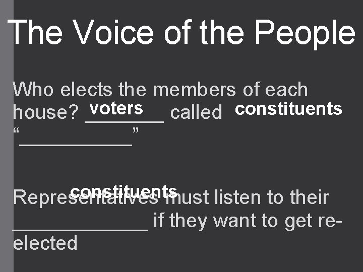 The Voice of the People Who elects the members of each voters called constituents