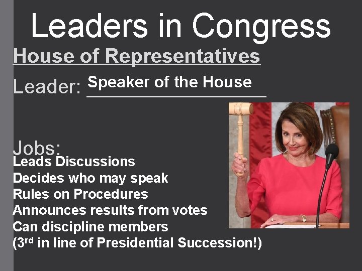 Leaders in Congress House of Representatives Speaker of the House Leader: ________ Jobs: Leads