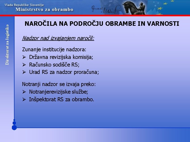 Direktorat za logistiko NAROČILA NA PODROČJU OBRAMBE IN VARNOSTI Nadzor nad izvajanjem naročil: Zunanje