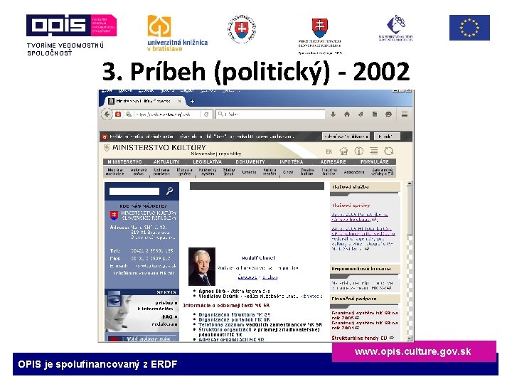 TVORÍME VEDOMOSTNÚ SPOLOČNOSŤ 3. Príbeh (politický) - 2002 www. opis. culture. gov. sk OPIS