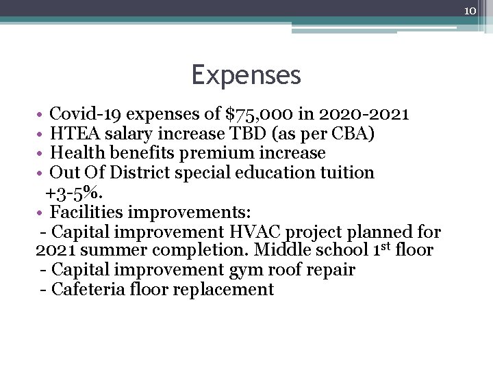 10 Expenses • • Covid-19 expenses of $75, 000 in 2020 -2021 HTEA salary