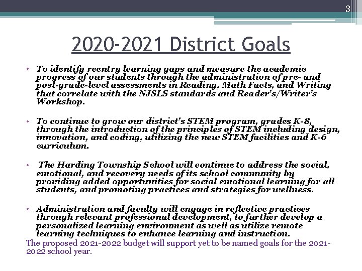 3 2020 -2021 District Goals • To identify reentry learning gaps and measure the