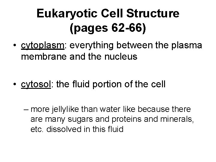 Eukaryotic Cell Structure (pages 62 -66) • cytoplasm: everything between the plasma membrane and