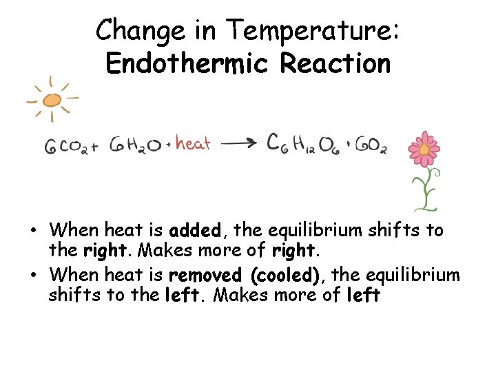 Change in Temperature: Endothermic Reaction • When heat is added, the equilibrium shifts to
