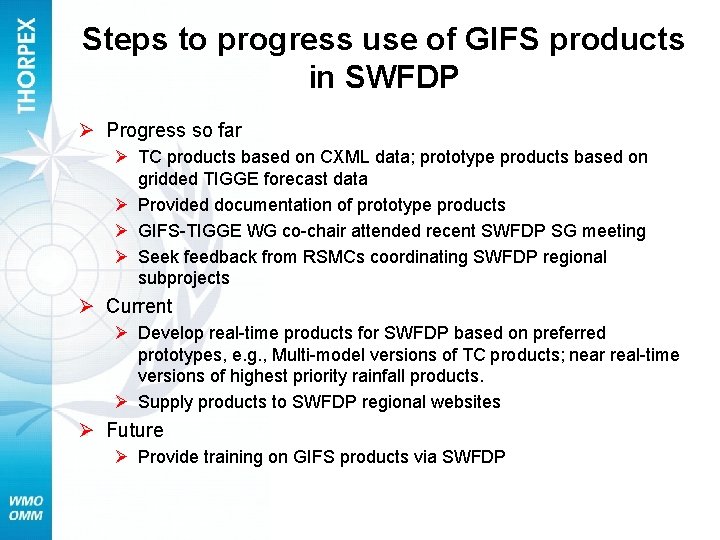 Steps to progress use of GIFS products in SWFDP Ø Progress so far Ø