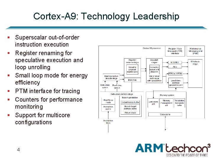 Cortex-A 9: Technology Leadership § Superscalar out-of-order instruction execution § Register renaming for speculative
