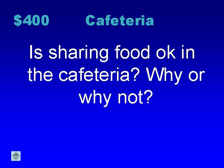 $400 Cafeteria Is sharing food ok in the cafeteria? Why or why not? 