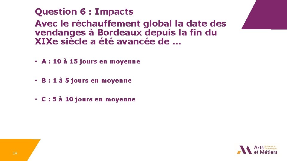 Question 6 : Impacts Avec le réchauffement global la date des vendanges à Bordeaux