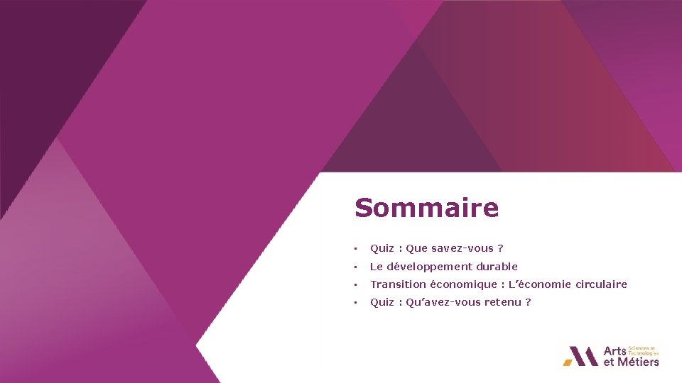 Sommaire 2 • Quiz : Que savez-vous ? • Le développement durable • Transition