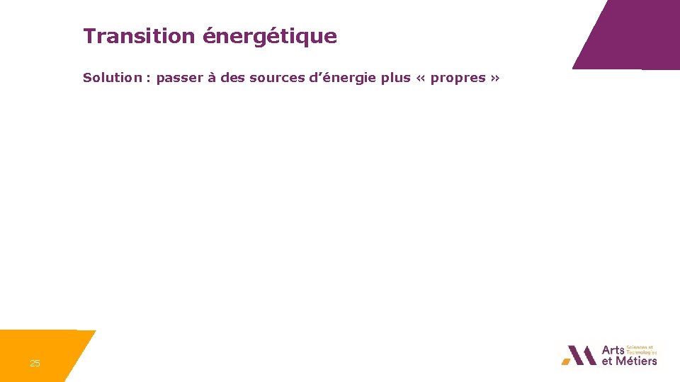 Transition énergétique Solution : passer à des sources d’énergie plus « propres » 25
