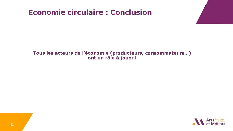 Economie circulaire : Conclusion Tous les acteurs de l’économie (producteurs, consommateurs…) ont un rôle