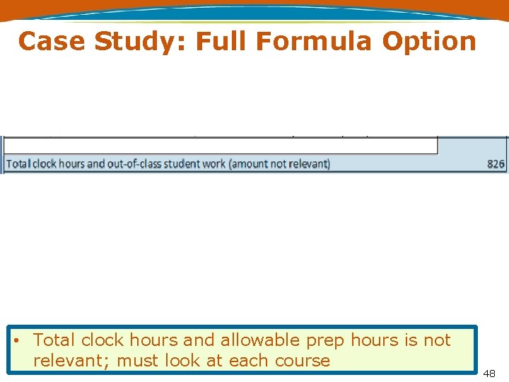 Case Study: Full Formula Option • Total clock hours and allowable prep hours is