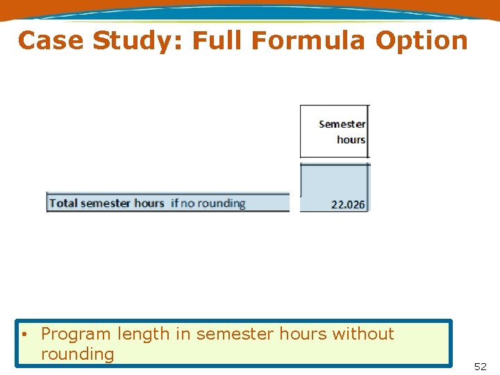 Case Study: Full Formula Option • Program length in semester hours without rounding 52