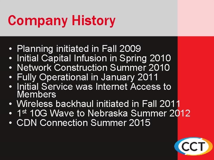 Company History • • • Planning initiated in Fall 2009 Initial Capital Infusion in