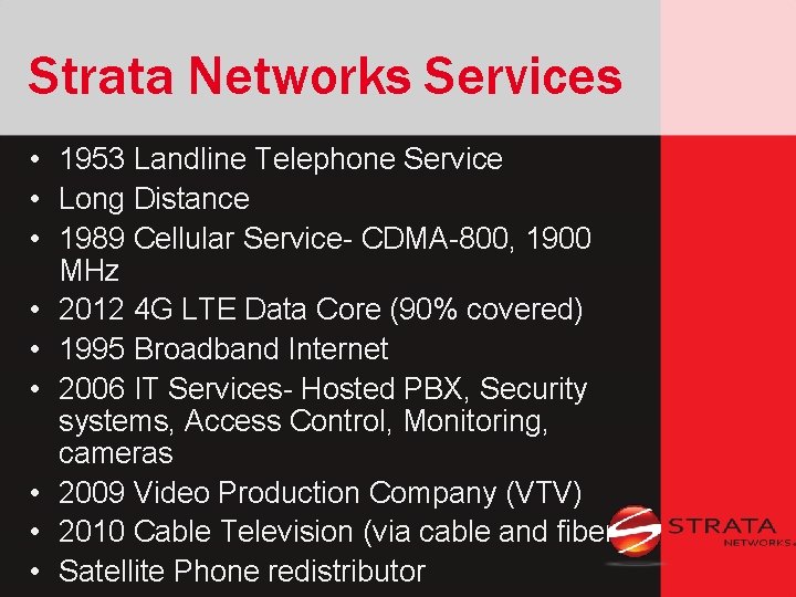 Strata Networks Services • 1953 Landline Telephone Service • Long Distance • 1989 Cellular