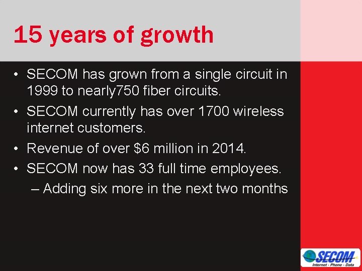 15 years of growth • SECOM has grown from a single circuit in 1999