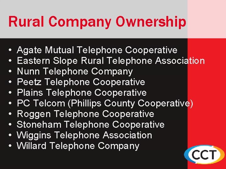 Rural Company Ownership • • • Agate Mutual Telephone Cooperative Eastern Slope Rural Telephone