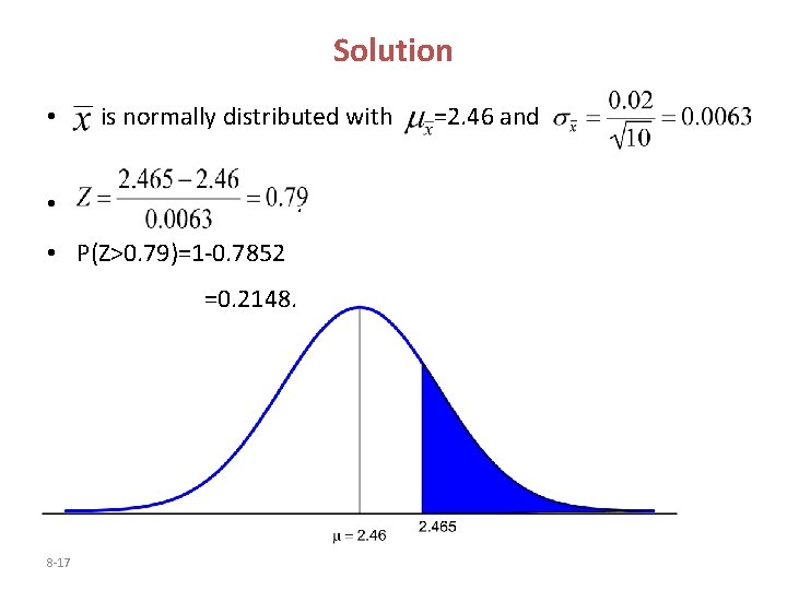 Solution • is normally distributed with. • • P(Z>0. 79)=1 -0. 7852 =0. 2148.