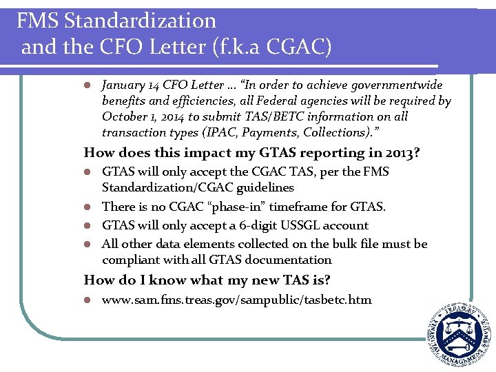 FMS Standardization and the CFO Letter (f. k. a CGAC) l January 14 CFO
