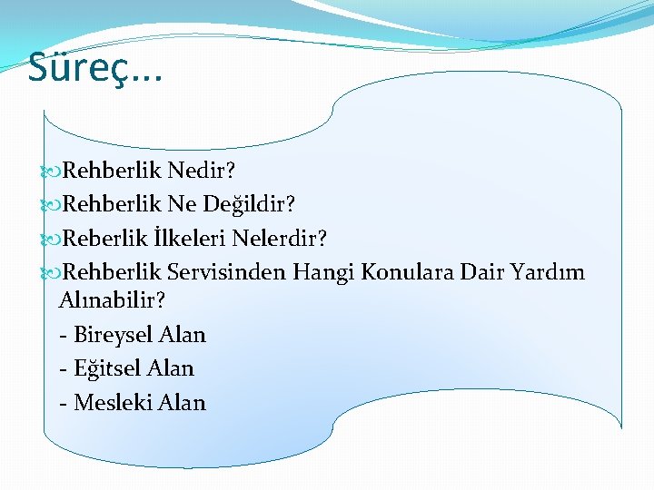 Süreç. . . Rehberlik Nedir? Rehberlik Ne Değildir? Reberlik İlkeleri Nelerdir? Rehberlik Servisinden Hangi