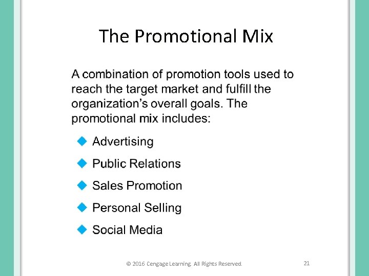 The Promotional Mix © 2016 Cengage Learning. All Rights Reserved. 21 