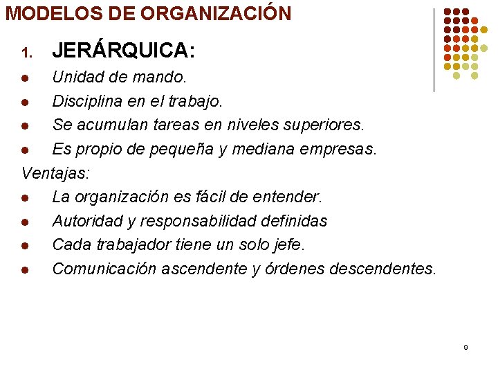 MODELOS DE ORGANIZACIÓN 1. JERÁRQUICA: Unidad de mando. l Disciplina en el trabajo. l
