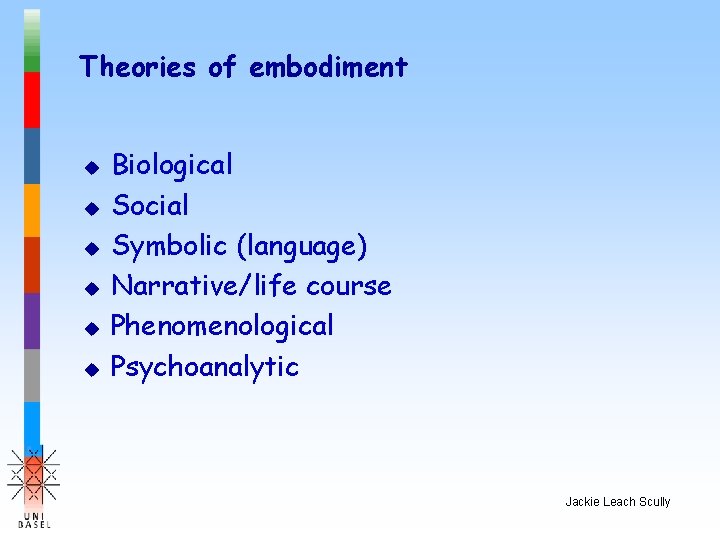 Theories of embodiment u u u Biological Social Symbolic (language) Narrative/life course Phenomenological Psychoanalytic