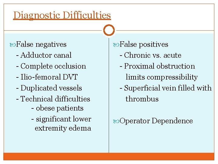 Diagnostic Difficulties False negatives - Adductor canal - Complete occlusion - Ilio-femoral DVT -