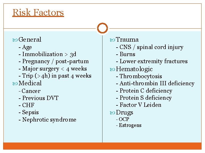 Risk Factors General - Age - Immobilization > 3 d - Pregnancy / post-partum
