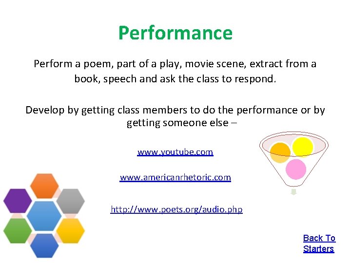 Performance Perform a poem, part of a play, movie scene, extract from a book,