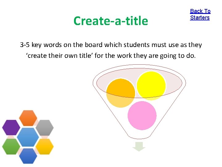 Create-a-title Back To Starters 3 -5 key words on the board which students must